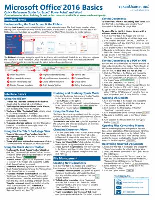 Microsoft Office 2016 Basics Quick Reference Guide Laminated Cheat Sheet Training Guide