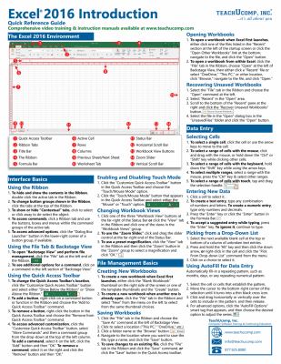 Microsoft Excel 2016 Introductory Quick Reference Guide Laminated Cheat Sheet Training Guide