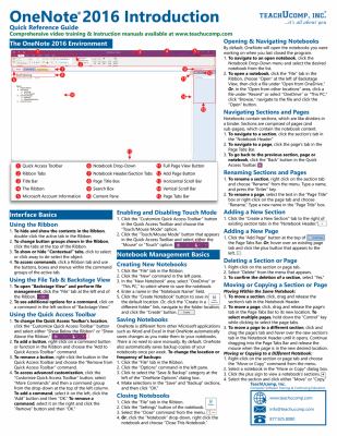 Microsoft OneNote 2016 Introductory Quick Reference Guide Laminated Cheat Sheet Training Guide
